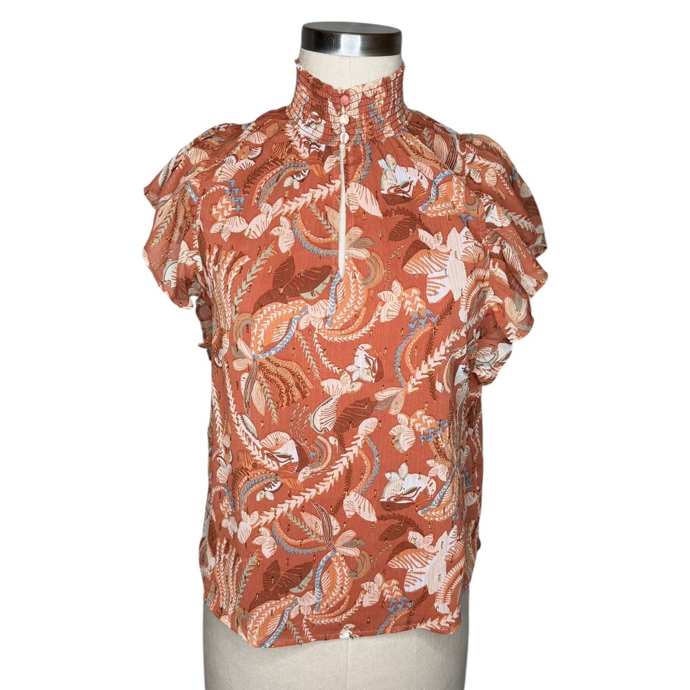 JOIE Blouse Women XS Rust Orange Paisley Smocked High Neck Ruffle Excellent Boho